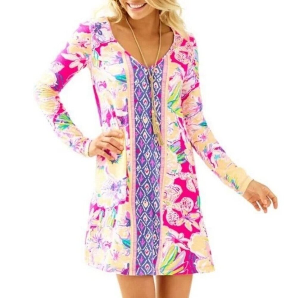 Lilly Pulitzer  Paradis Swing Dress‎ S Magenta Tipping Point Long Sleeve Floral - Picture 2 of 12